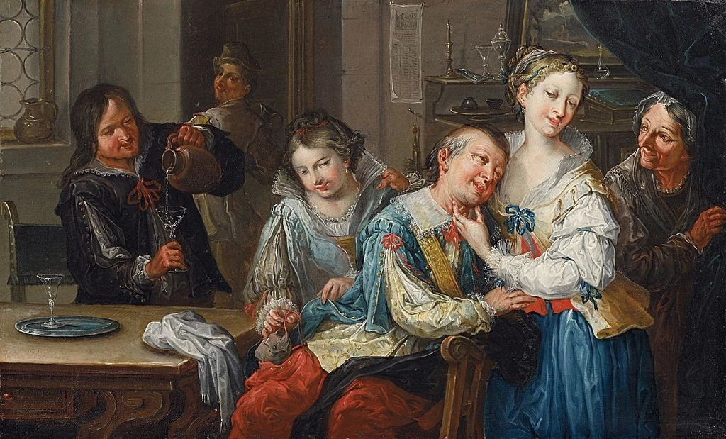 Scena di compagnia felice con musica e vino